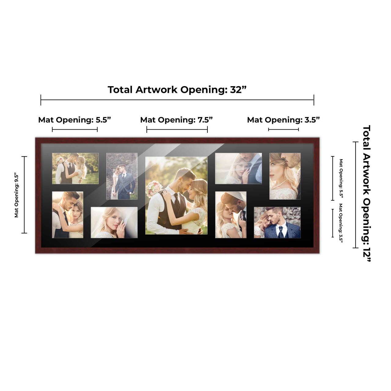 Brown Finish Collage Frame - Black Mat, 20 Frame Sizes to Choose From, UV Acrylic, Wall Hanging Hardware, Vertical or Horizontal Display